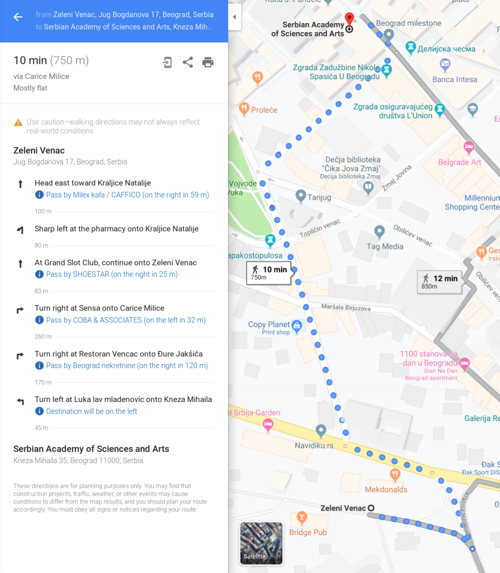 Map from Zeleni Venac to the venue